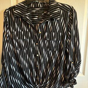 Investments Petites PL Womens Long Sleeve Blouse Black/White